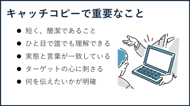 キャッチコピーで重要なこと5選：短く簡潔、ひと目で理解できる、実態と言葉の一致、心に刺さる、何を伝えるかが明確